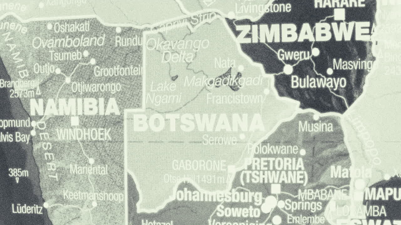 A detailed map highlighting Namibia, Botswana, and Zimbabwe in Southern Africa