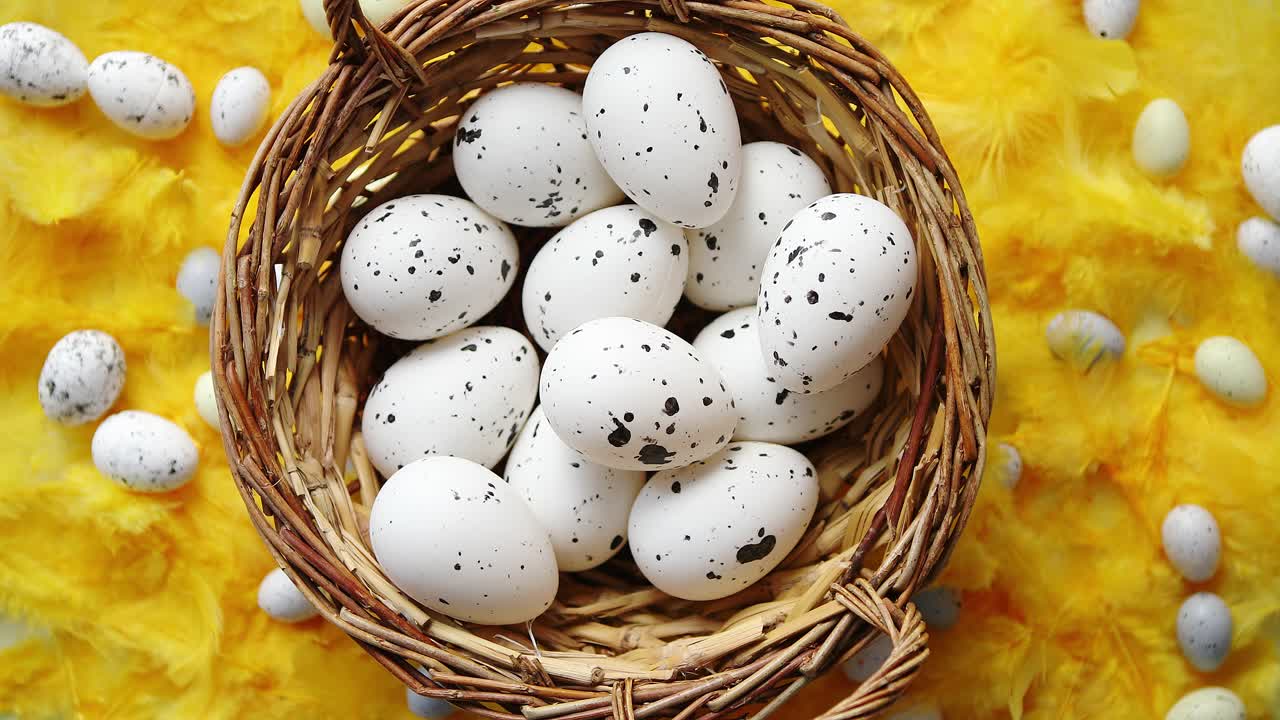 고리 버들에 부활절 휴일 개념 흰색 점선 닭고기 달걀