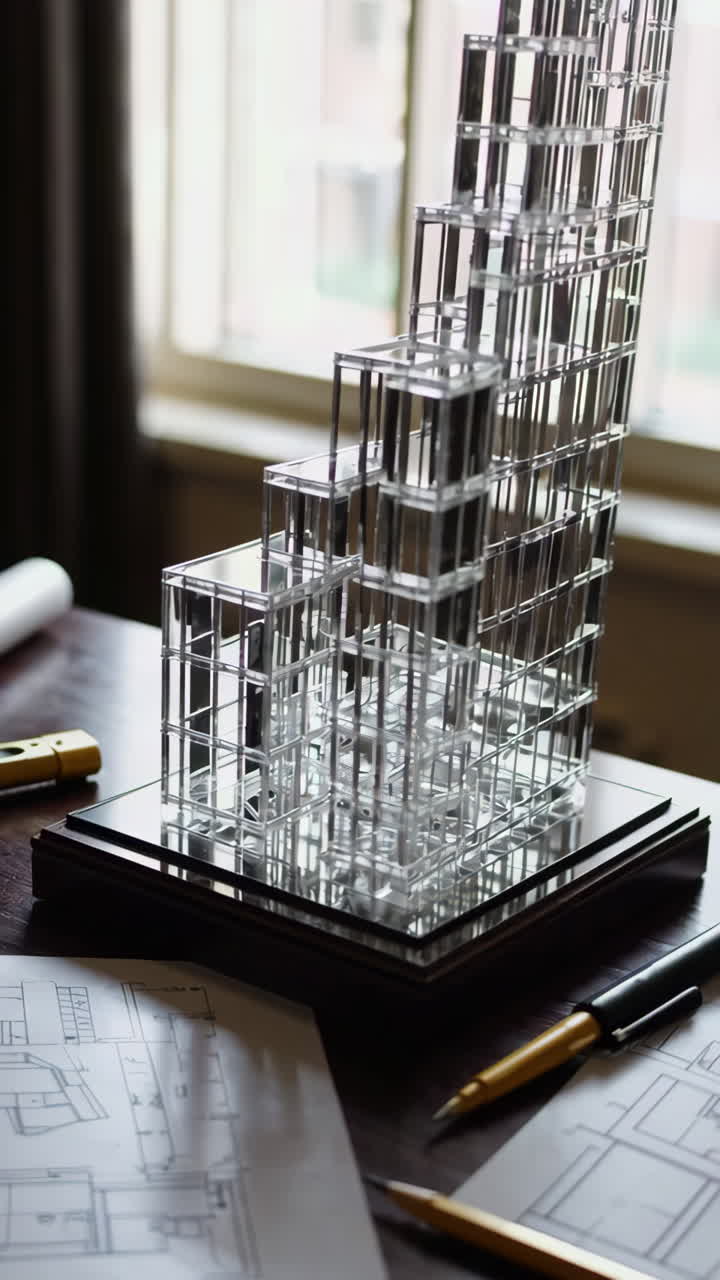 Architectural Model of a Skyscraper with Building Plans