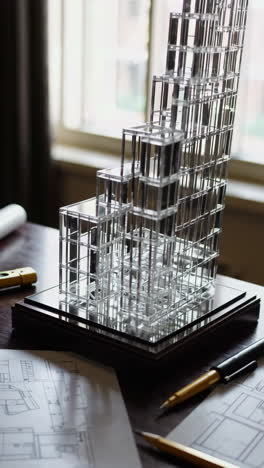 architectural model of a skyscraper with building plans