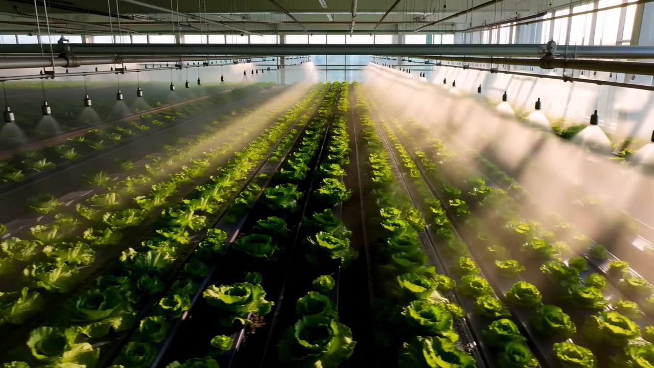 File di piante in un sistema di irrigazione a serra che spruzza acqua, all'interno di una grande serra industriale, con piante, spruzzi d'acqua, con tubi di irrigazione in plastica, texture del pavimento in cemento