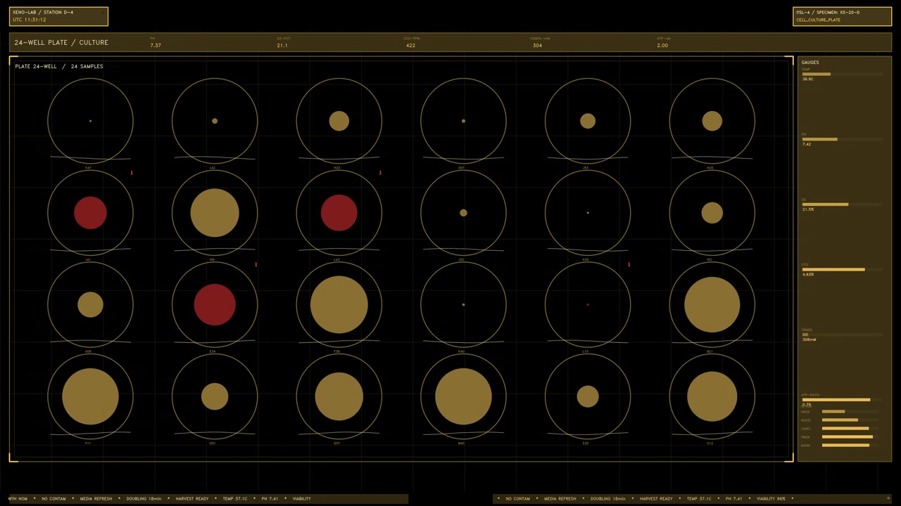 Amber biotech HUD interface displaying a 24 well cell culture plate with active growth monitoring gauges and data readouts. Loops seamlessly as a sci fi laboratory screen overlay