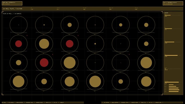Amber biotech HUD interface displaying a 24 well cell culture plate with active growth monitoring gauges and data readouts. Loops seamlessly as a sci fi laboratory screen overlay