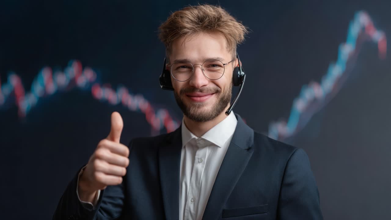 Confident Businessman with Headset Displays Thumbs-Up Gesture Against Abstract Financial Background, Symbolizing Success and Professionalism in Corporate Environment