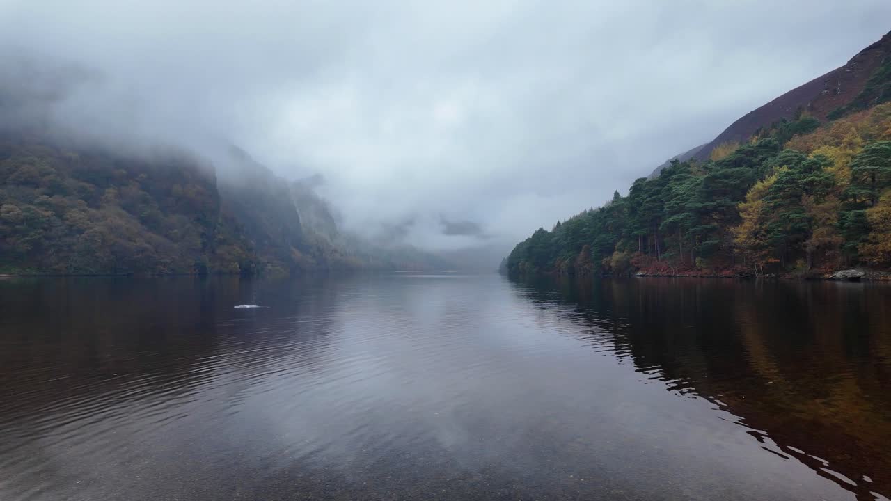 아일랜드의 서사시적인 장소들: 어 레이크 글렌달로우 위클로우의 풍경, 안개가 가득한 추운 겨울 아침