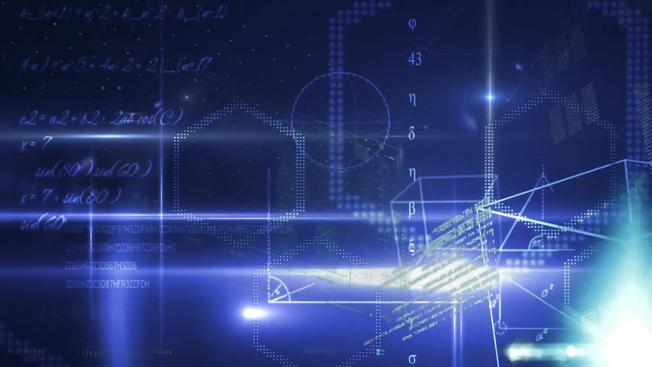 그래프와 기하학적 그림과 프로그램 코드가 배경에 있는 미래형 인터페이스