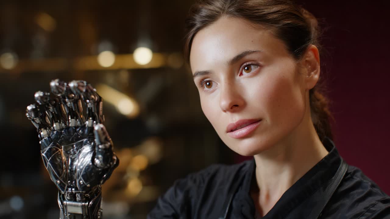 A woman gazes thoughtfully at her advanced robotic hand, which showcases intricate mechanical design and sophistication, highlighting the merging of humanity with cutting-edge technology in a futuristic setting
