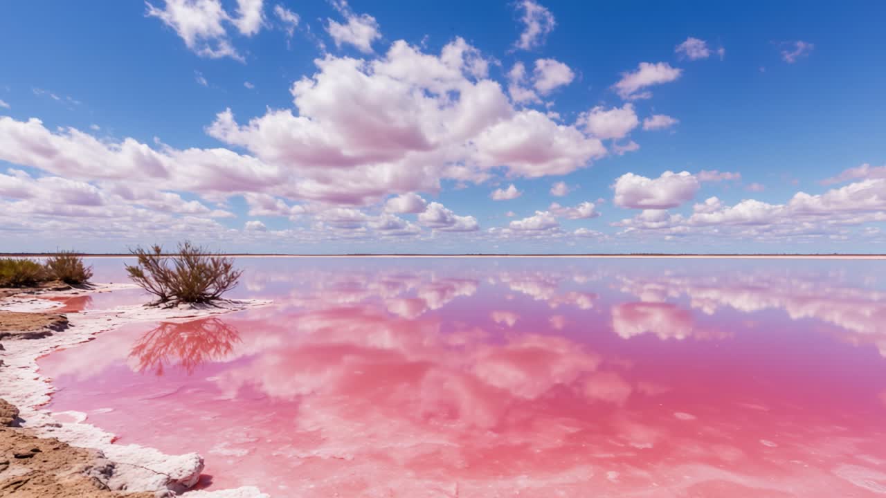 A Stunning View of the Pink Salt Lake Landscape Reflecting Fluffy Clouds Under a Vibrant Blue Sky, Capturing the Serenity and Unique Beauty of Nature's Palette