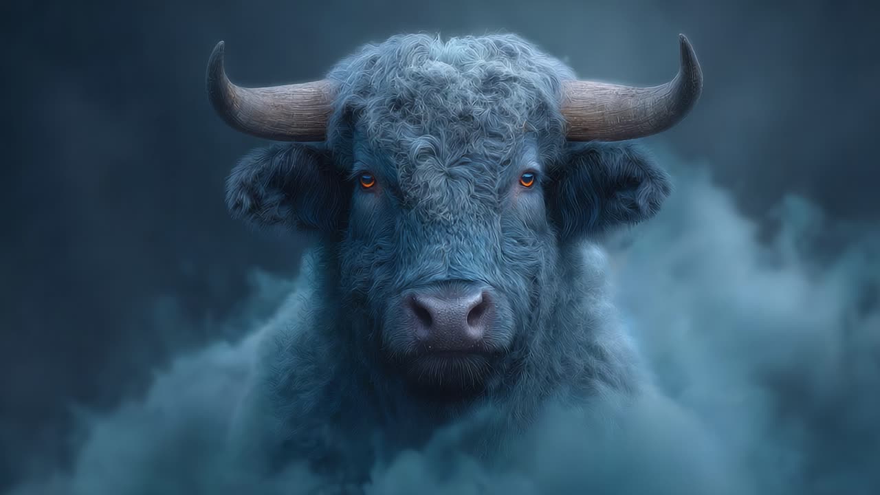 Majestic Bull Emerging from Mystical Fog: A Striking Portrait Capturing the Essence of Strength and Serenity in Nature's Enigmatic Atmosphere