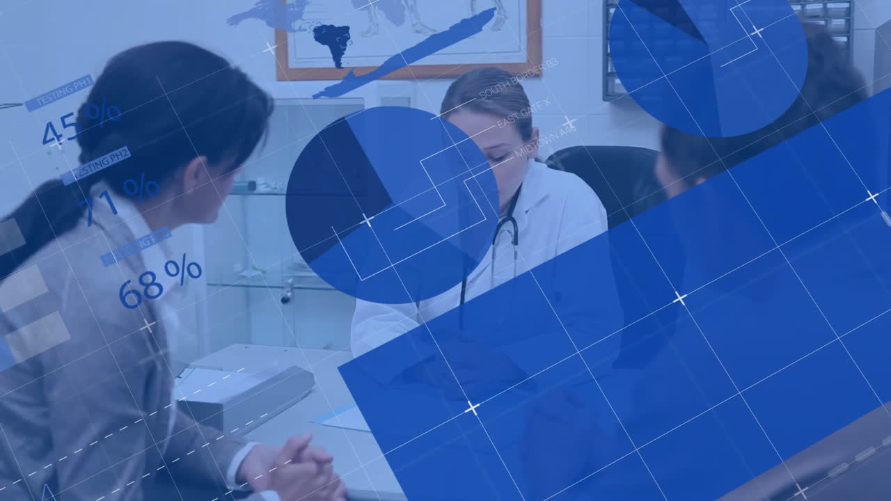 다양한 여성 의사가 병원에서 상담하는 커플에 대한 인포그래픽 인터페이스의 애니메이션