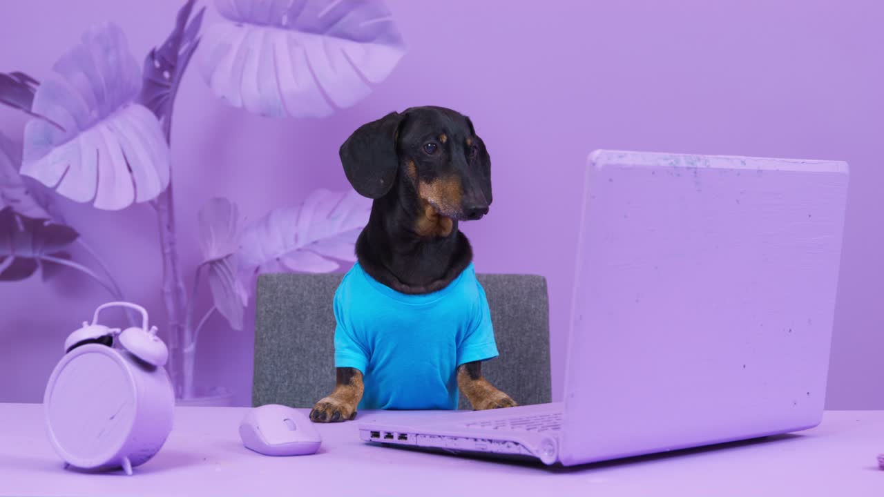 Cute dachshund dog in blue t-shirt sits near open laptop and alarm clock at table against pot-plant. Creative room design painted purple