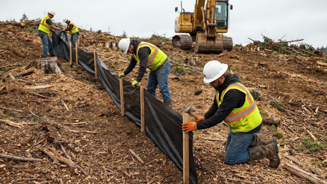 Trabalhadores da construção civil instalando barreira de controle de erosão em terreno limpo