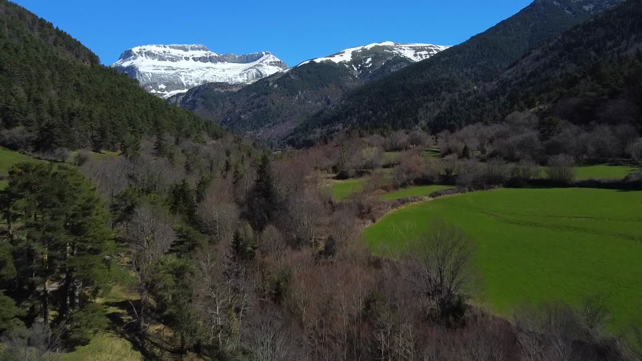 vista aérea volando sobre los campos verdes hacia las montañas nevadas con un cielo azul, en los pirineos españoles