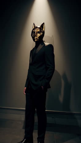 man in black suit wearing a golden cat mask under a spotlight