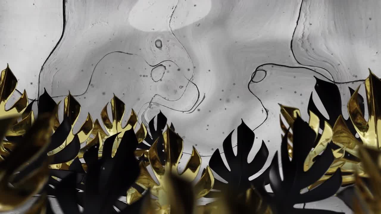 파란색 액체 배경 위에서 밤에 식물 잎