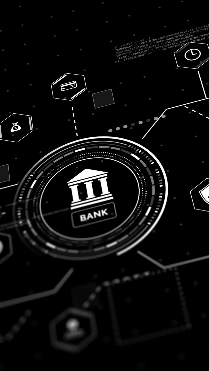 Animation of bank and business icons with data processing over black background