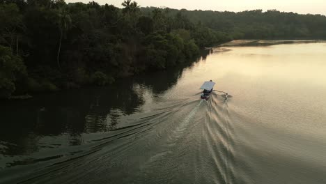 a serene drone view of a boat gliding along a tranquil river in goa, leaving a gentle trail of waves behind. lush green trees line the banks, creating a peaceful, picturesque escape