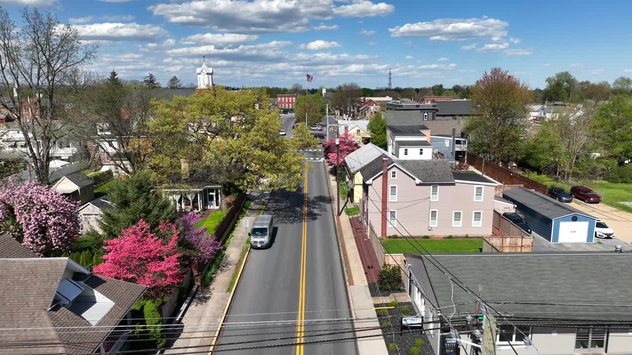 미국 의 매력적 인 작은 도시 의 메인 스트리트 에 자라는 다채로운 나무 들