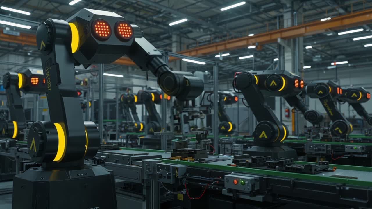 Advanced automation in a modern manufacturing facility, showcasing robotic arms working efficiently on an assembly line with high-tech machinery and optimized workflows