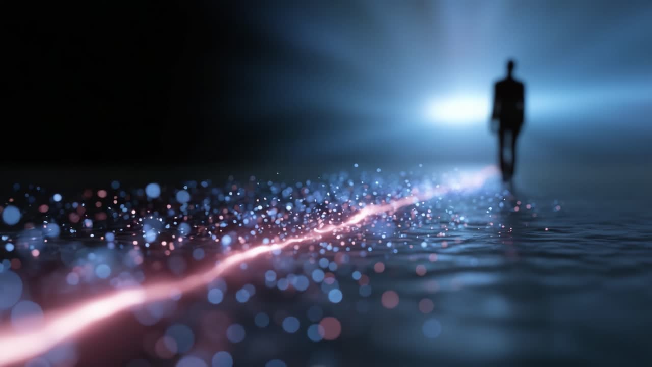 A Mysterious Figure Walking on a Glowing Path of Light Surrounded by Sparkling Particles in a Dreamlike Universe of Color and Depth