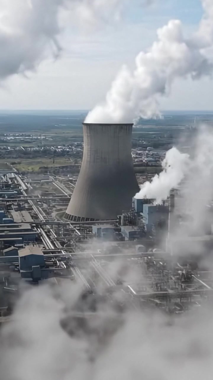 Aerial View of Industrial Power Plant with Cooling Tower Emitting Steam and Surrounding Infrastructure in an Expansive Landscape