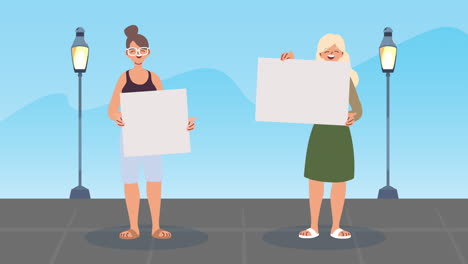 two women holding blank protest signs