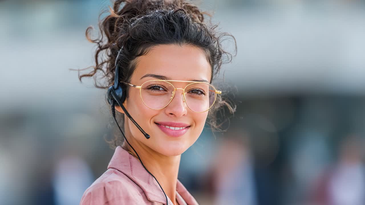 En selvsikker kundeservice-representant smiler bredt med headset i et profesjonelt miljø, og viser utmerkede kommunikasjonsferdigheter og tilgjengelighet
