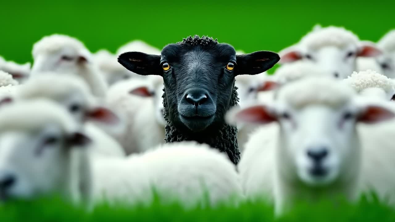 무성한 녹색 들판 위에 서있는 양 떼