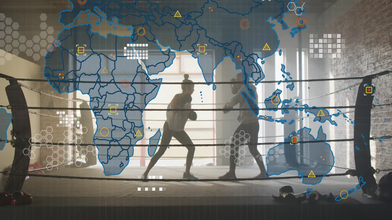 Two boxers starting with jab, trading jabs, clinching in gym for training, HUD overlay mapping ring