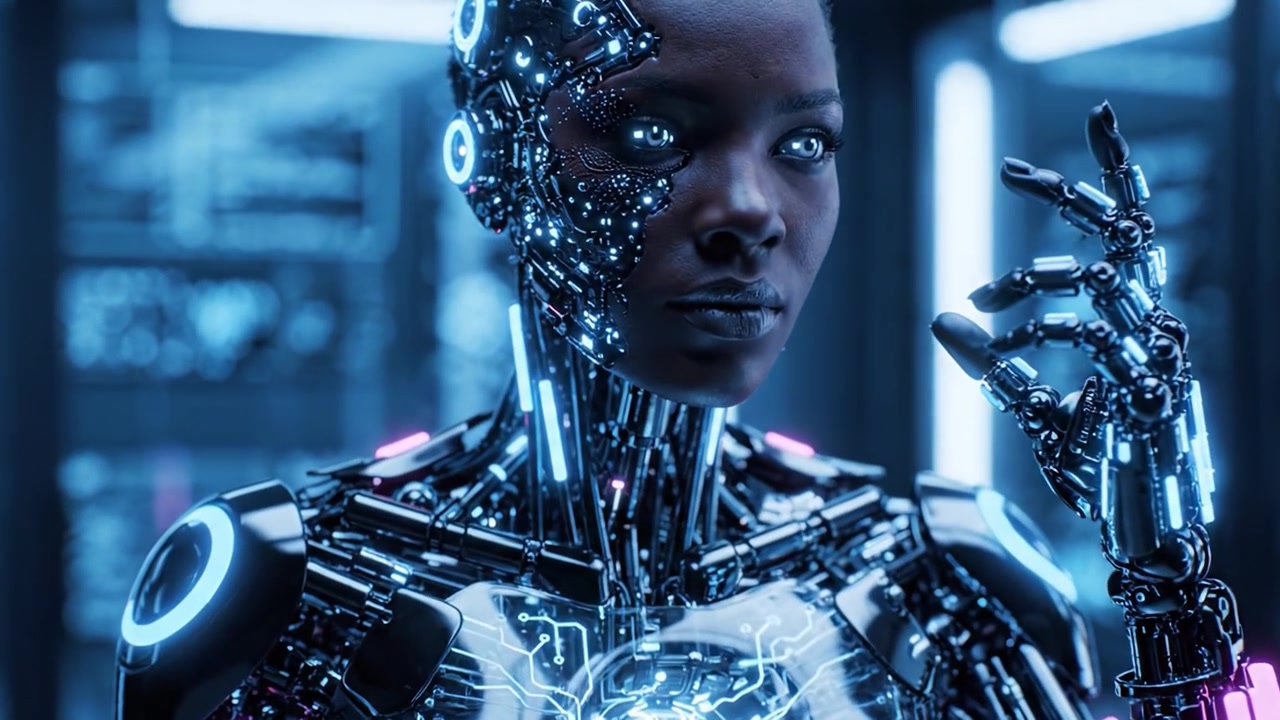 Un cyborg futuristico con intricati design di circuiti ed elementi luminosi si erge con sicurezza in un ambiente high-tech, incarnando l'integrazione avanzata uomo-robot e l'innovazione