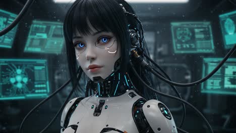a futuristic cybernetic being stands in a high-tech environment, merging advanced robotics with human-like features and captivating blue eyes, surrounded by interactive displays
