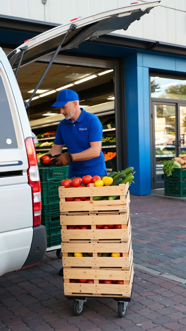 Man delivering fresh produce to a grocery store