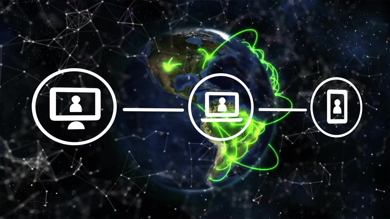 Monitor icon appearing on rotating Earth linking devices via pulsing arcs showing connectivity