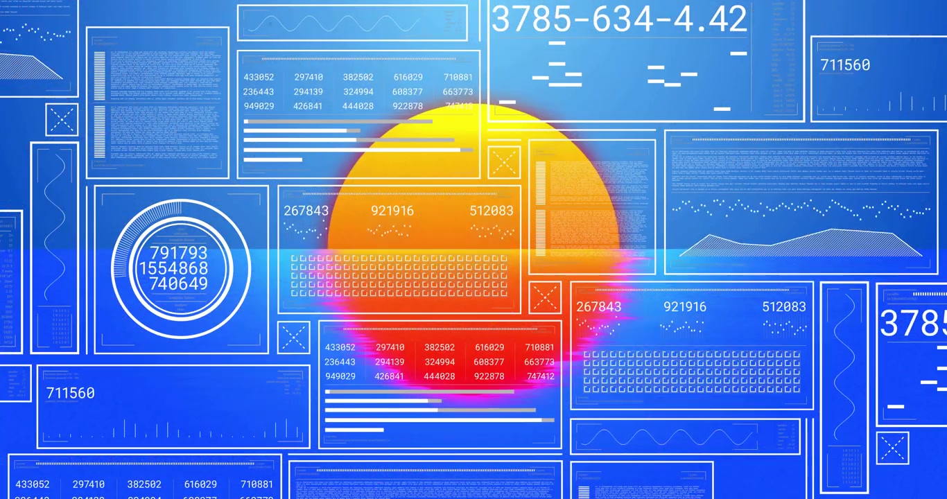 Artefatti glitch che sfarfallano, codici in esecuzione che riempiono la griglia mentre un semicerchio arancione sale mostrando i dati