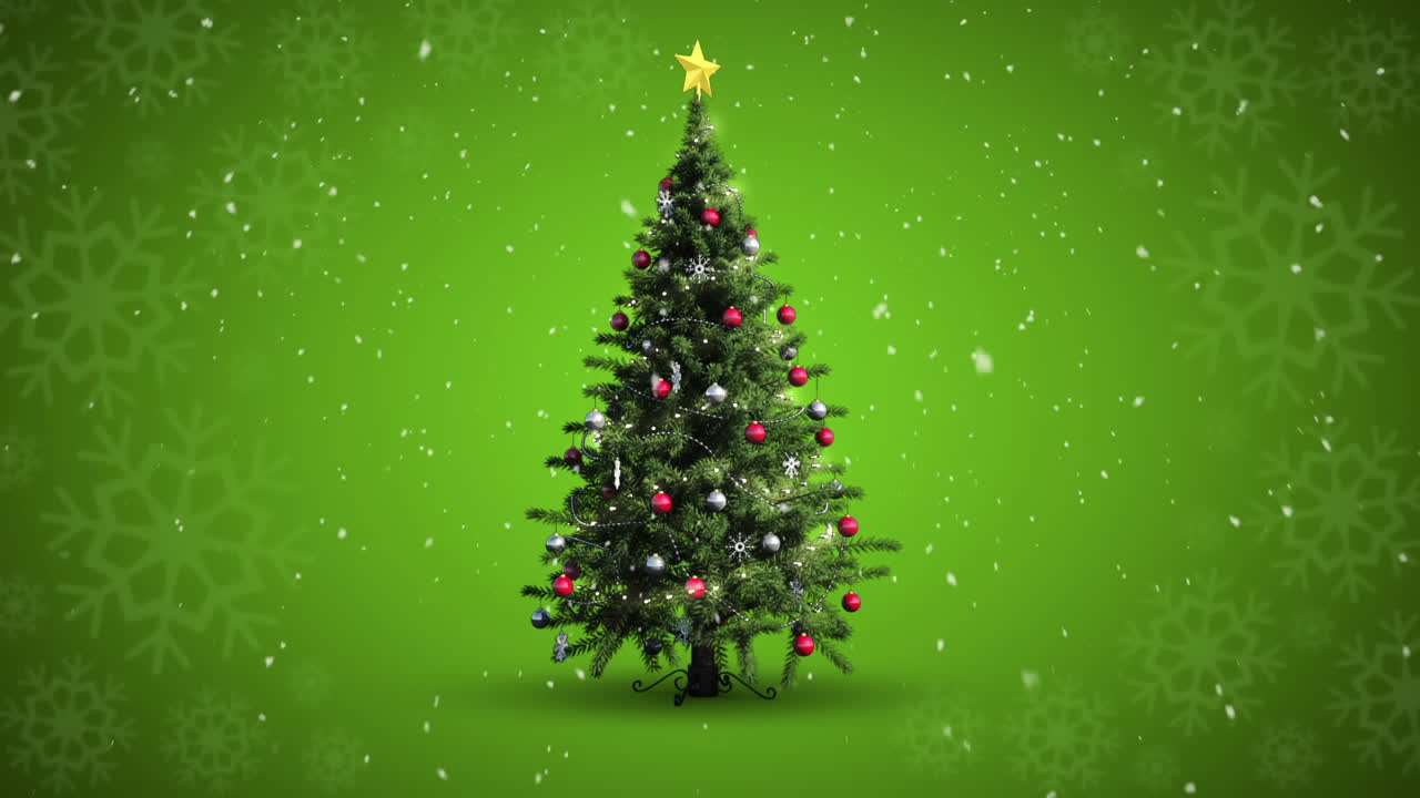 анимация снега, падающего на рождественскую елку на зеленом фоне