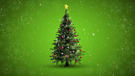 Animation-of-snow-falling-over-christmas-tree-on-green-background