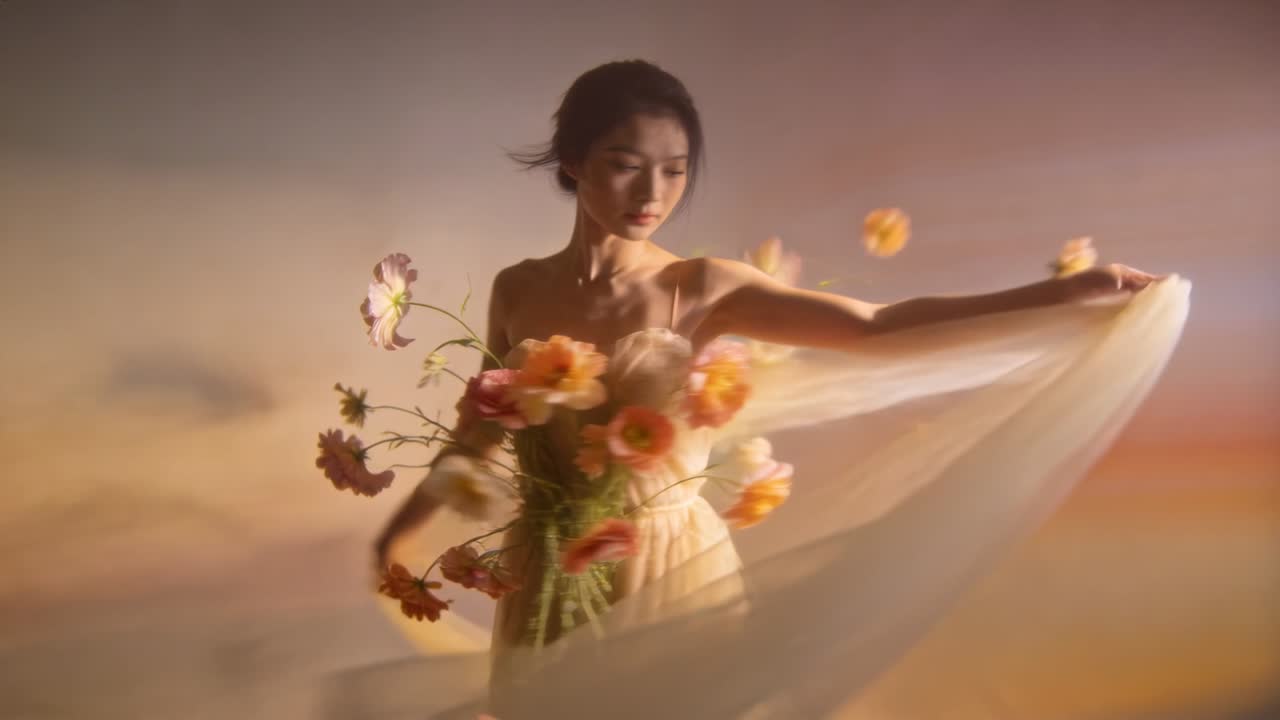Una donna solleva un velo trasparente mentre gira, rivelando steli floreali su un abito chiaro in uno studio che mostra i fiori.