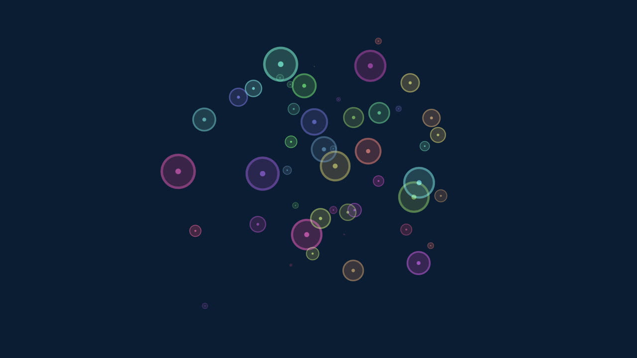 Fly abstract rainbow confetti and rings in dark space