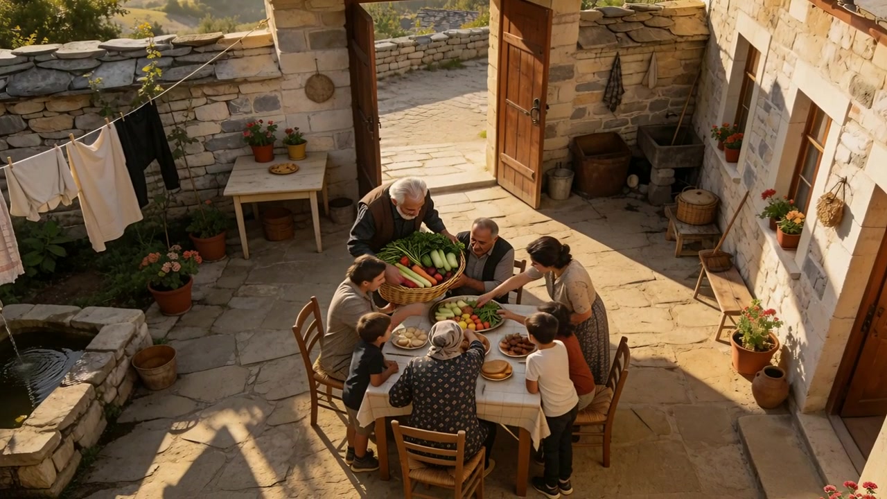 Una porta si apre, un uomo con un cesto di prodotti intrecciato entra in un cortile illuminato dal sole, la famiglia condivide il raccolto.