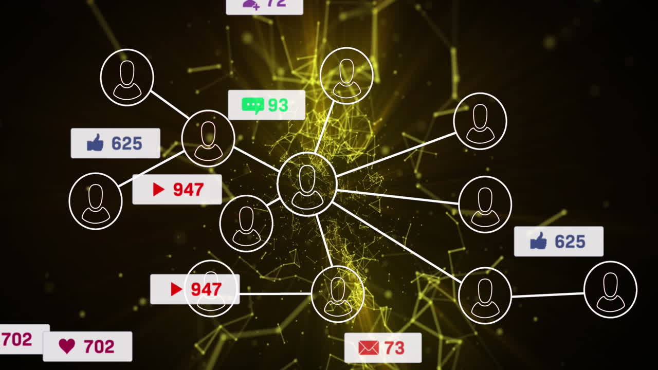 animación de iconos de medios y red de conexiones sobre formas.