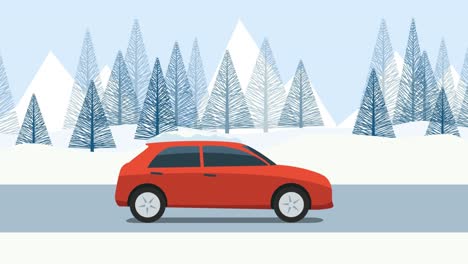 red car trip on a snowy mountain road. cartoon car. looping footage 4k