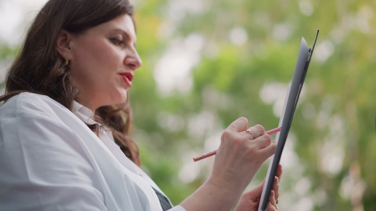 Artist outdoors working. Casual female artist capturing ideas in natural outdoor environment. An individual engrossed in creating artwork amidst serene outdoor park setting with calm demeanor