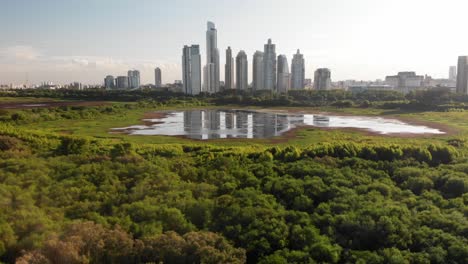 an aerial view of the buenos aires city with ecological reserve wetland, with the city skyline in the reflection