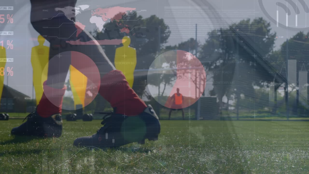 피치에 공을 가진 다양한 축구 선수에 대한 금융 데이터 처리의 애니메이션