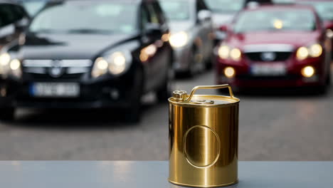golden fuel can with blurred traffic background