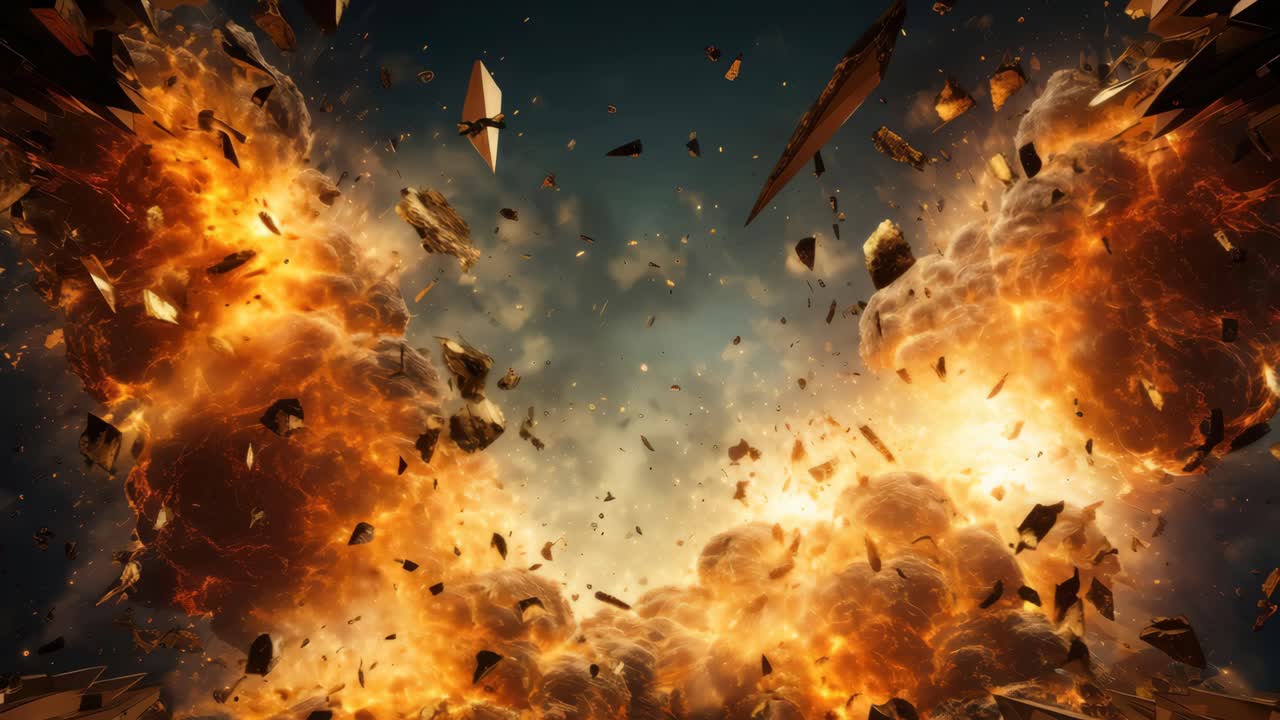 Dynamic explosion scene with fiery debris captured from a low-angle