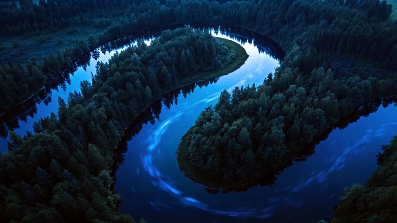 Descending drone highlighting S-bend meander with inner isles, dark forest and blue reflection