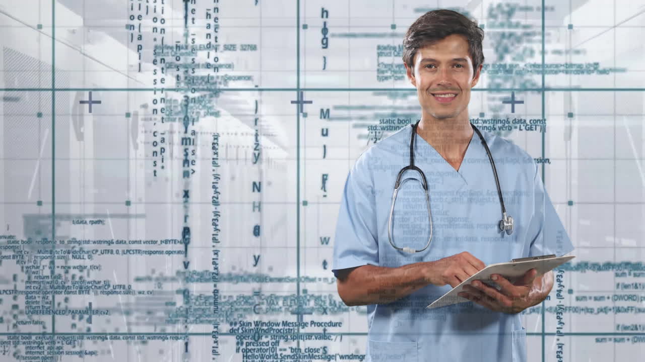 Animación del procesamiento de datos financieros sobre un médico caucásico