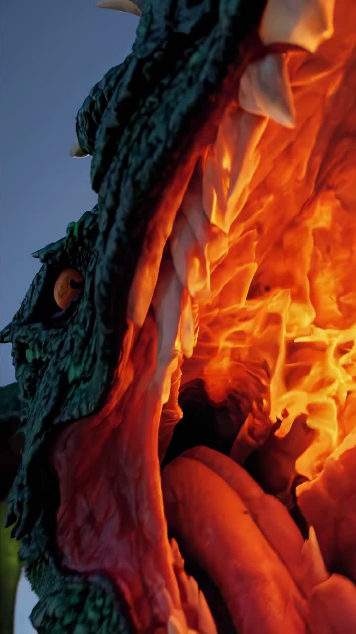 dragón mítico verde deslizándose dramáticamente a través del cielo azul, revelando dientes afilados como una navaja mientras respira llamas intensas con un movimiento poderoso y amenazante