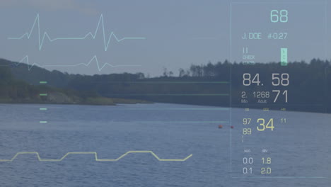 heartbeat monitor animation over serene lake and forest landscape at sunset